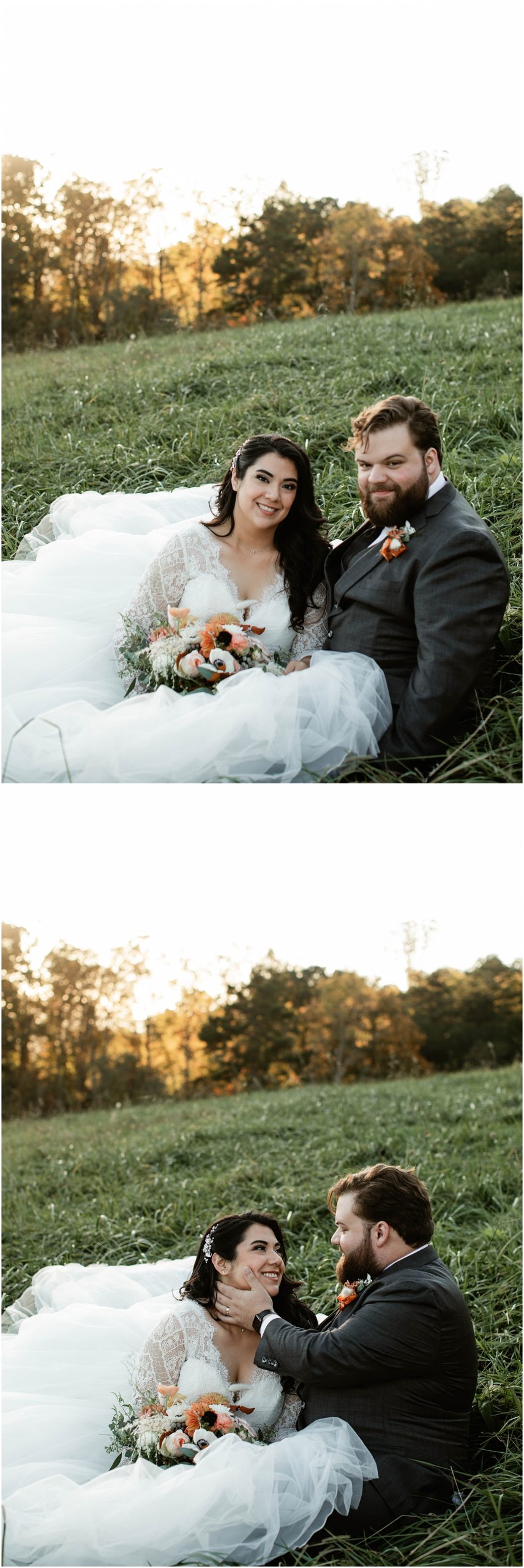 bride and groom sitting together in field at Chestnut Ridge nc 