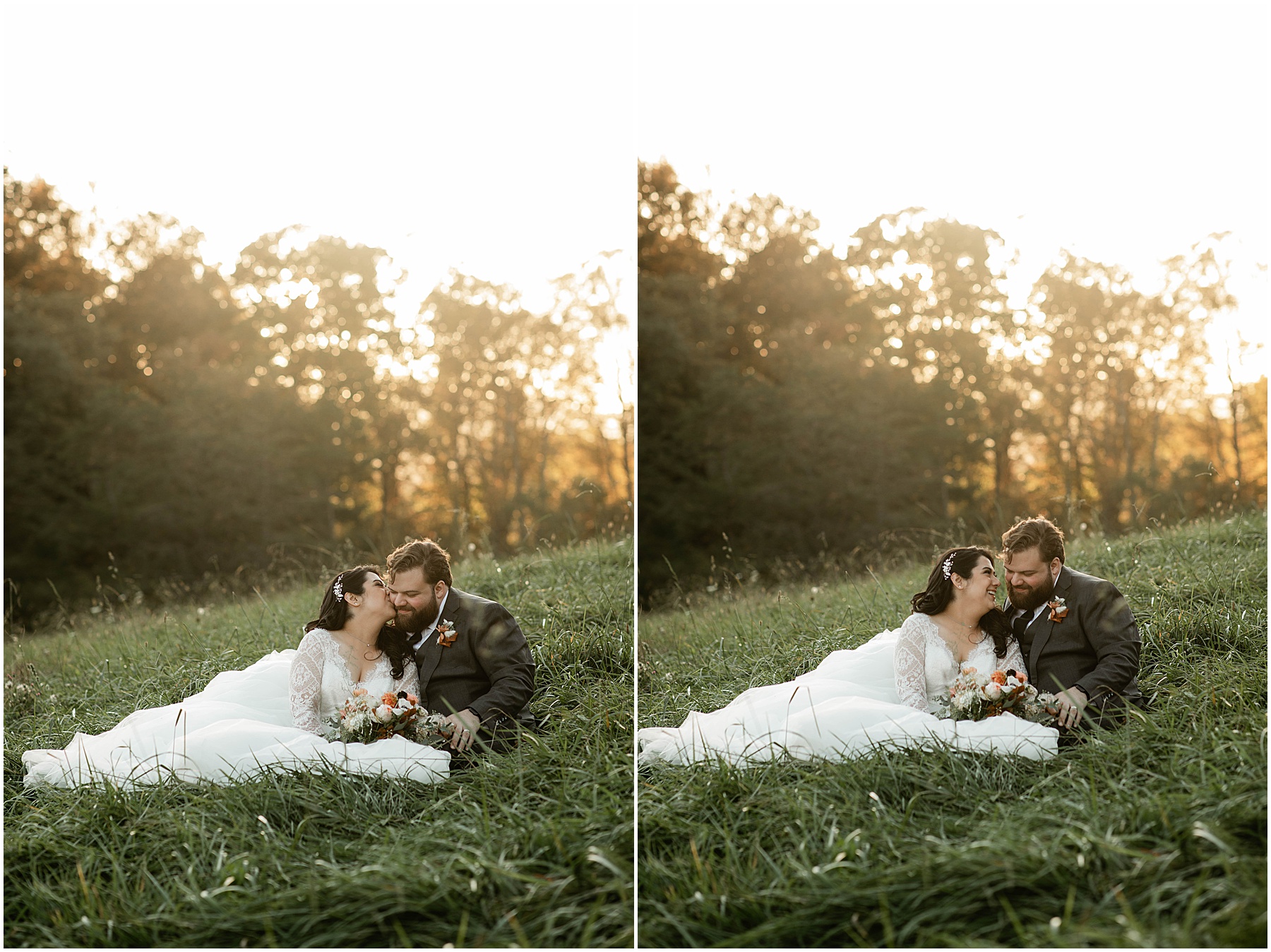 bride and groom sitting together in field at Chestnut Ridge nc 