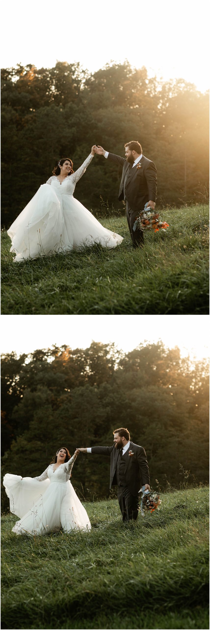 bride twirling in wedding dress in field in Chestnut Ridge 