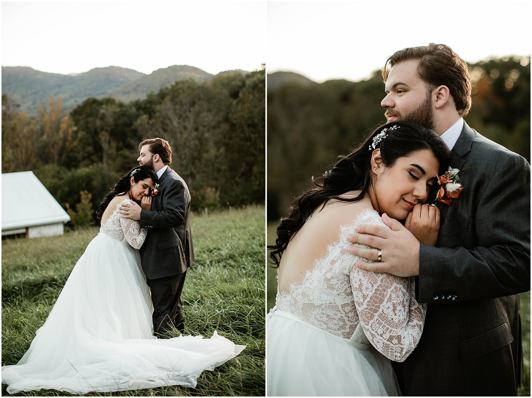 bride hugging groom's chest Chestnut Ridge