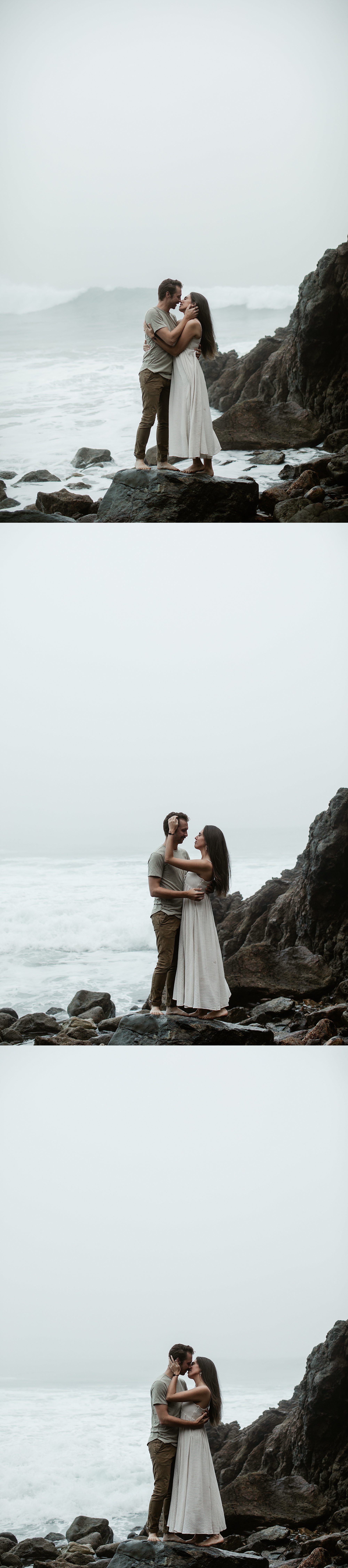 couple standing on rock in ocean at point dume malibu engagement photographer