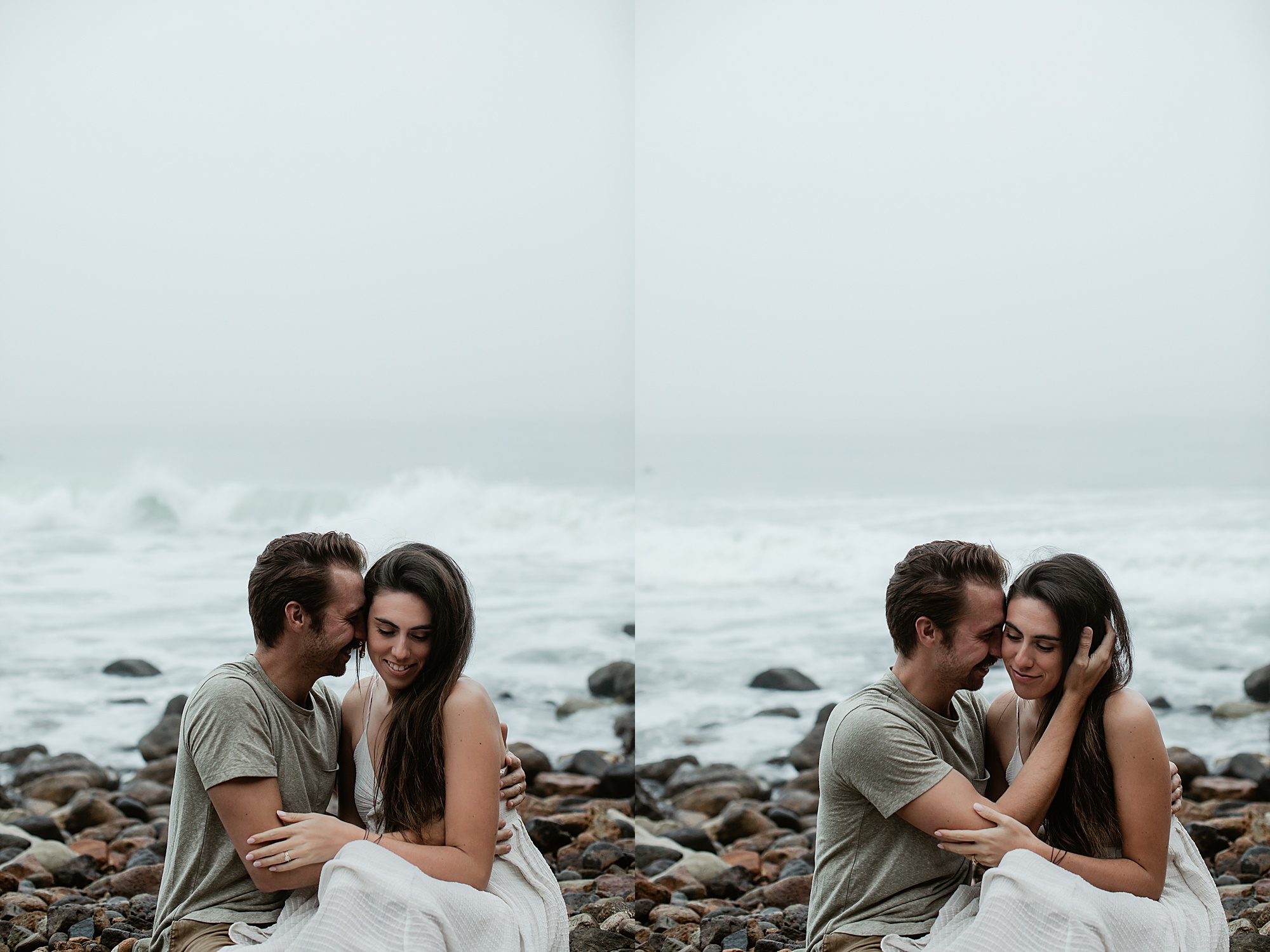 couple sitting on rocks on beach malibu beach engagement photos
