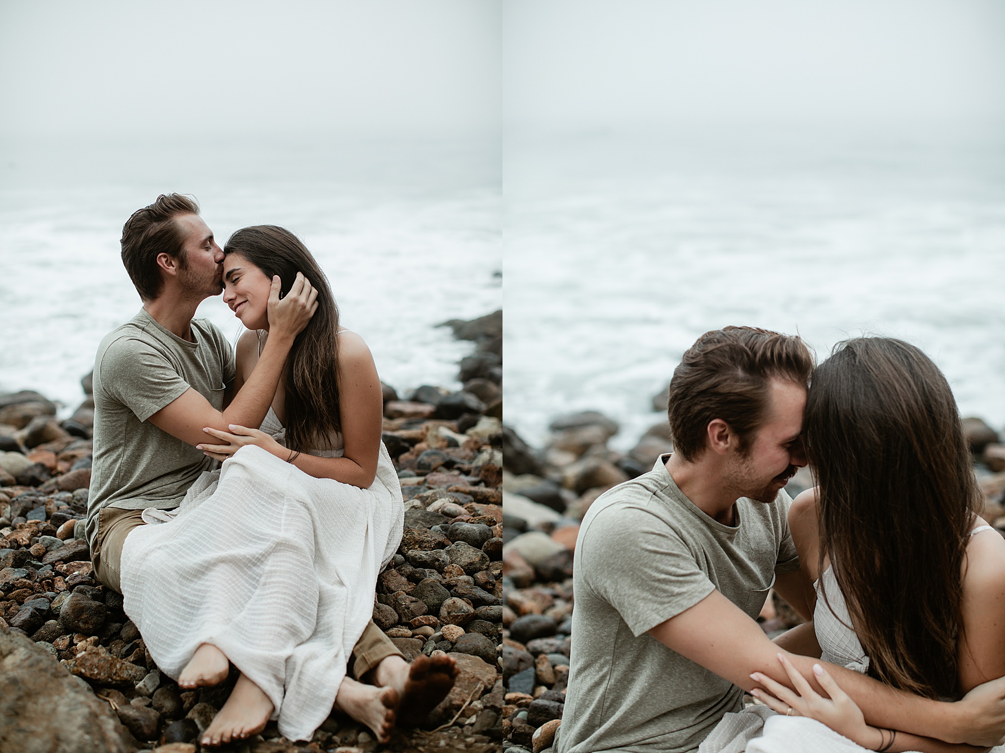 guy kissing girl on forehead malibu beach engagement photographer