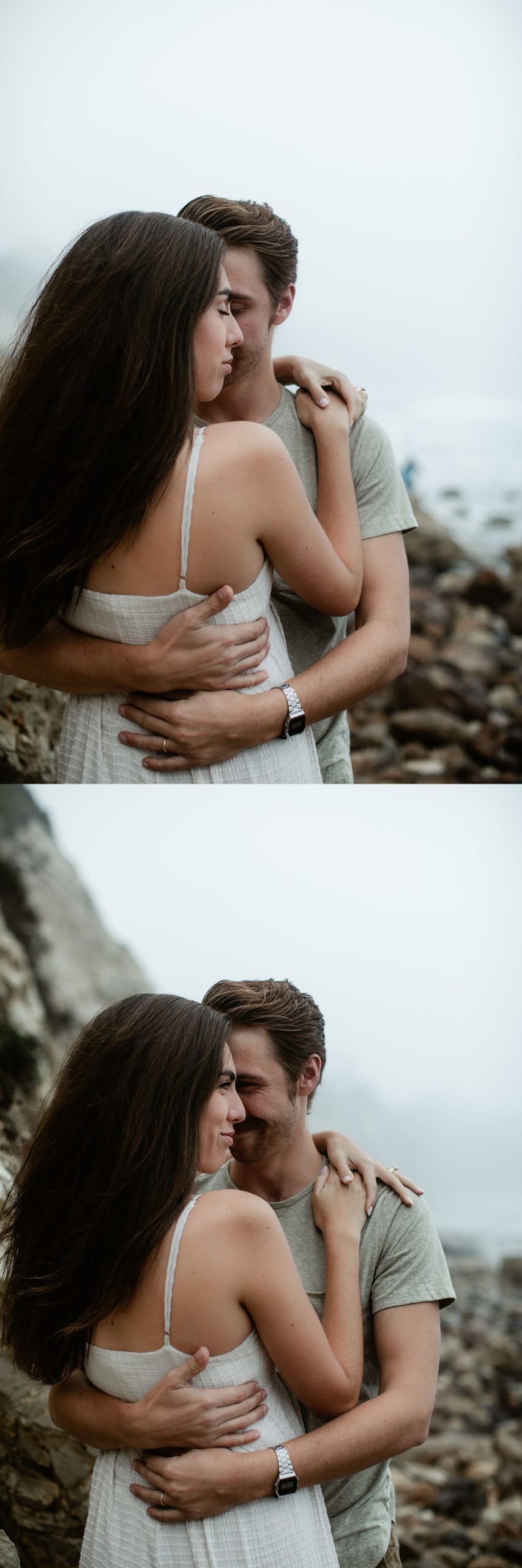 guy with arms wrapped around girl malibu engagement pictures
