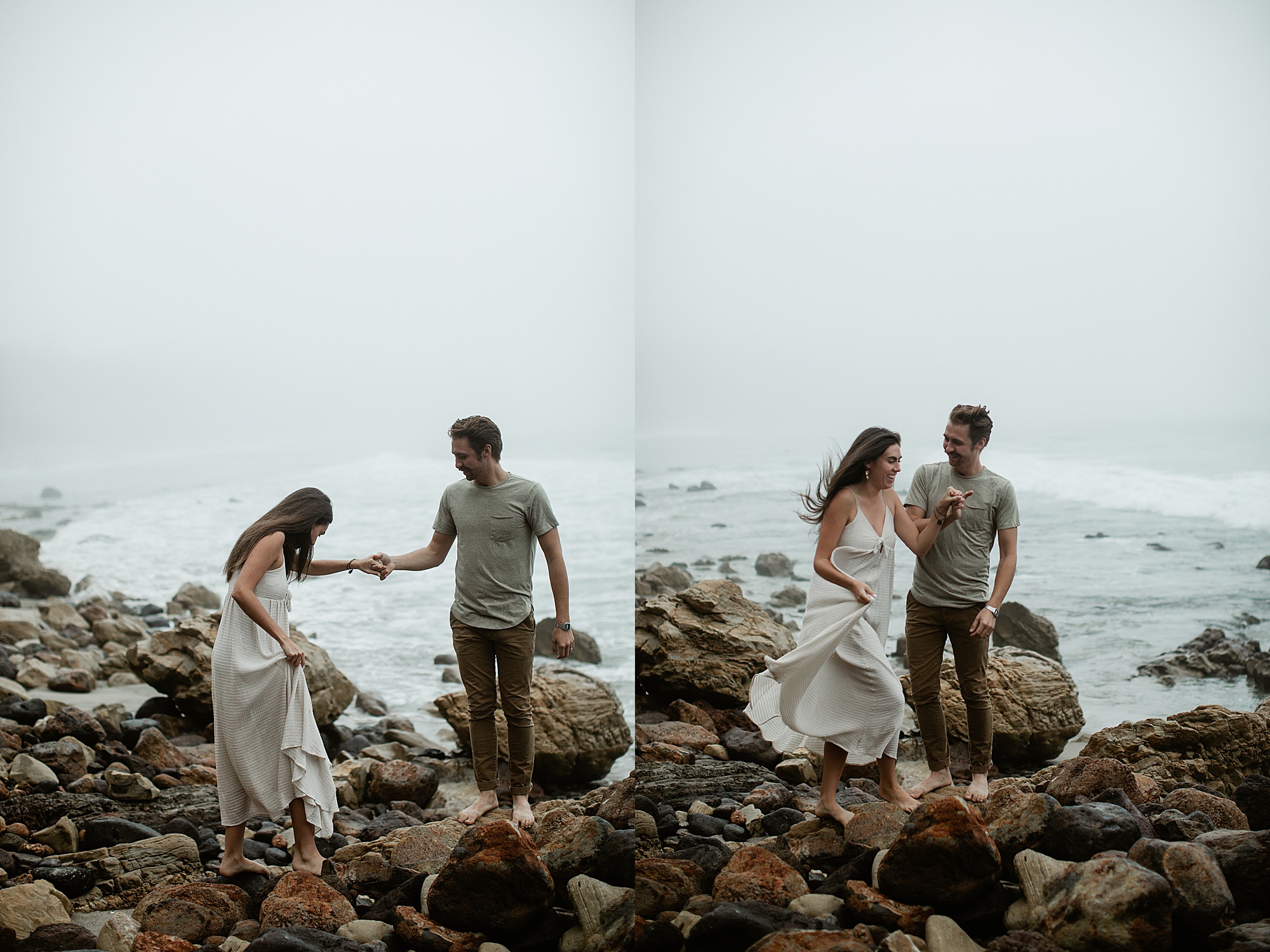 girl and guy walking across rocks on point dume beach malibu photo ideas