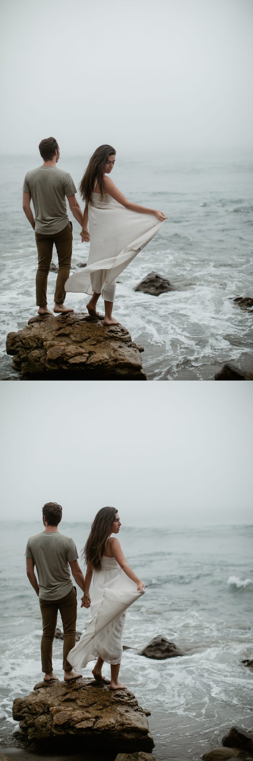 guy and girl standing on rock malibu beach anniversary session