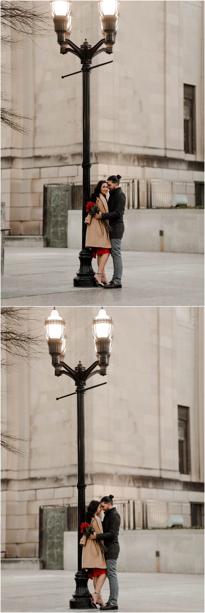 Couple in front of lamppost at Nashville War Memorial Building